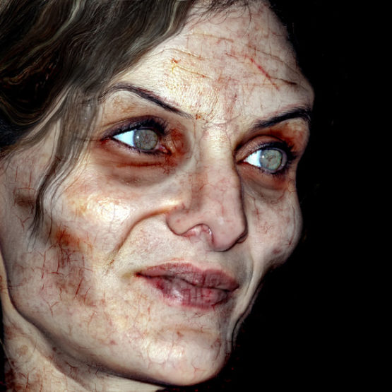 Close up of a thin, haggard woman with pale, damaged skin and red rimmed eyes